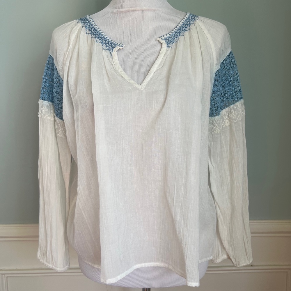 Nili Lotan Embroidered Cotton Blouse, White and Blue, Crochet Details